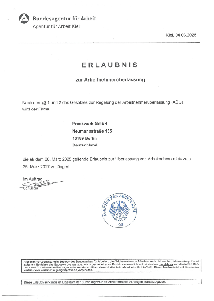 AÜG-Erlaubnis PROEXWORK GmbH
